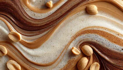 Indulgent swirls of creamy peanut butter and rich chocolate blend with airy foam and scattered peanuts, creating a decadent visual feast for food lovers.