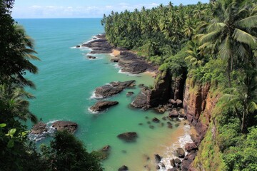 A tranquil cove with lush tropical foliage, dark rocks, and turquoise water.  A dramatic coastline with a secluded beach.