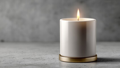 Serene white candle with a warm golden flame glows softly on a modern minimalist concrete surface, perfect for ambiance and relaxation.