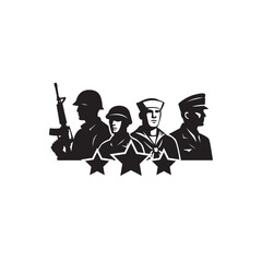 Veteran Trio Emblem. Bold military group emblem with stars, honor, service, unity.