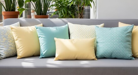 A comfortable grey sofa adorned with an assortment of yellow and teal cushions in a sunlit room with plants.