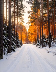 Winter path through golden pine forest at sunset