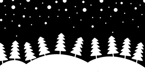 Banner with trees,  forest, snowy hills and snow falling at night. Christmas, winter holidays. Flat vector design. For  background or website.