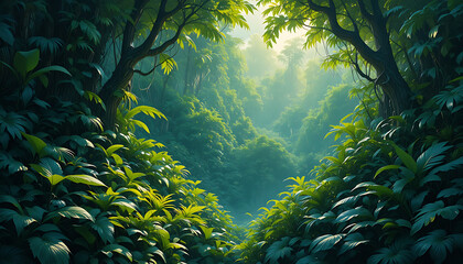 Dense tropical jungle with lush green foliage