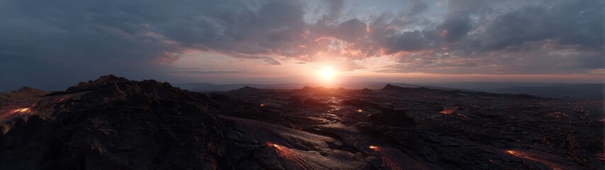 Volcanic landscape equirectangular hdri panoramic view at sunset lava flowing natural environment