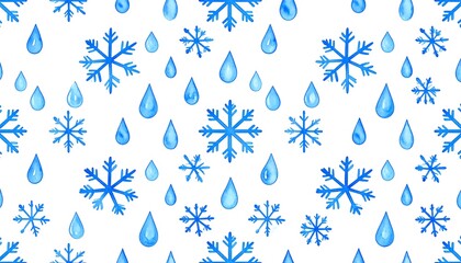 Winter pattern of snowflakes and water drops