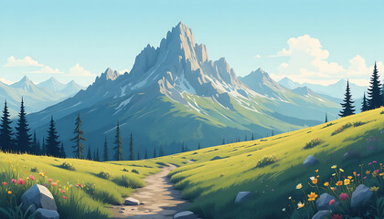 Green hills and rocky mountains under clear blue sky