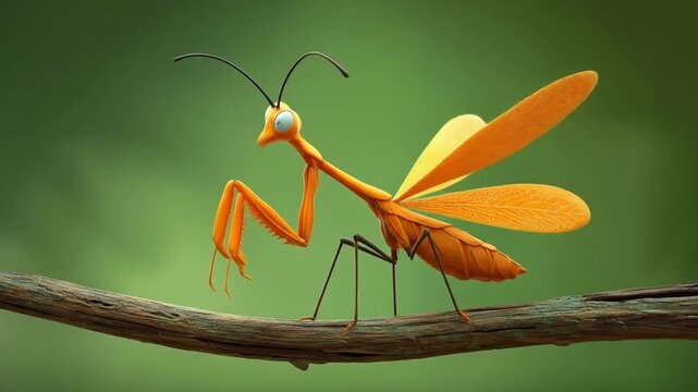 Cartoon praying mantis on branch