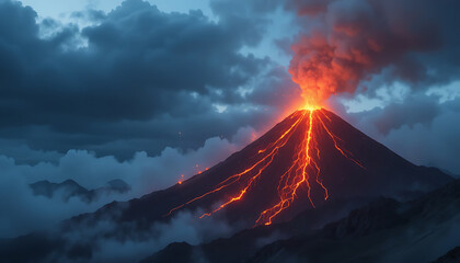 Dramatic volcano under stormy night sky