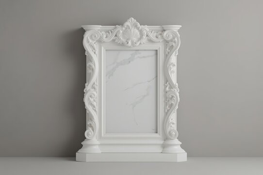 A decorative white marble frame with intricate floral carvings stands against a plain gray background, showcasing a smooth central panel with subtle veining.