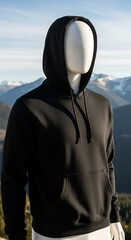 A blank black hoodie sweatshirt displayed on a faceless mannequin in a natural mountain setting.