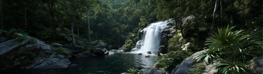 Fototapeta premium Lush rainforest waterfall action scene hdri panoramic environment map equirectangular viewpoint