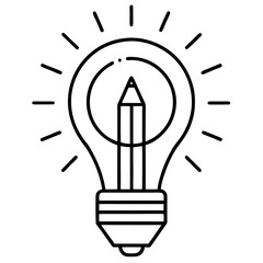 Creative concept with pencil inside light bulb generating ideas and bright design solution represented as minimalist outline