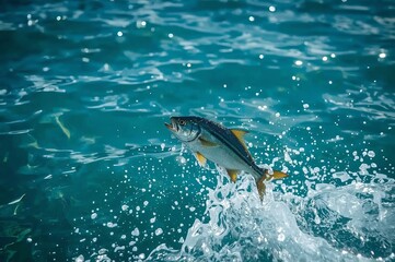Naklejka premium A fish is leaping out of the clear, turquoise water, creating ripples and splashes around it.