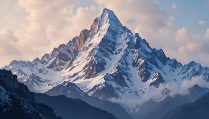 Sunlit mountain peak with soft clouds