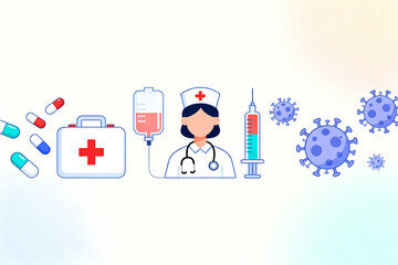 Medical illustration featuring healthcare elements including a nurse, medical supplies, and virus particles
