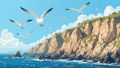 Seagulls flying above coastal cliffs and blue sea