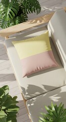 Top-down view of a two-tone pillow on a patio chair.