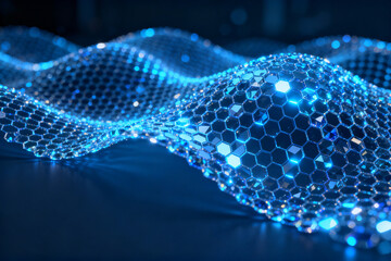 Blue hexagonal mesh structure with glowing nodes forming a wavy pattern