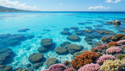 Shallow reef with corals in transparent ocean