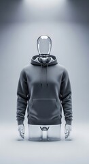 Gray hoodie on a transparent mannequin under spotlights.