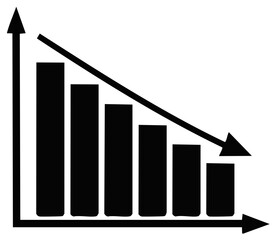 Declining bar graph chart and decreasing downward arrow symbol