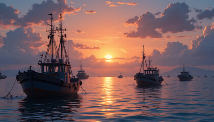 Fishing boats at harbor under colorful sunset
