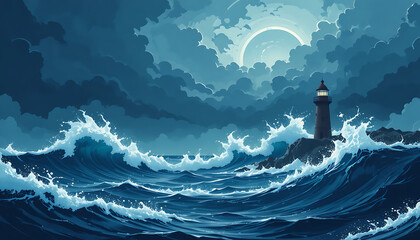 Stormy sea with towering waves and lighthouse