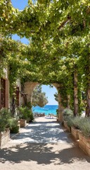 A sun-drenched walkway, arched by a vibrant canopy of vines, leads to a serene beach scene, bathed in the warm light of a summer day.
