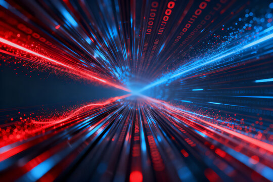 Abstract digital tunnel with red and blue light streaks converging into a central point, featuring binary code elements and dynamic motion effects