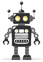 Stylized black robot illustration with antennas, arms, and yellow eyes.