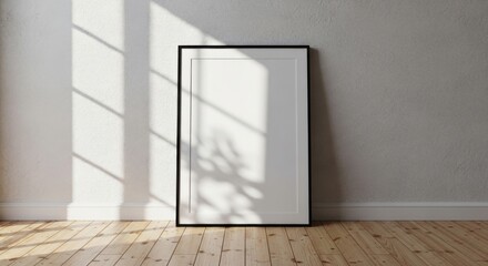 Textured wall with a blank black picture frame leaning on a wooden floor, illuminated by sunlight creating beautiful shadow patterns, ideal for showcasing artwork