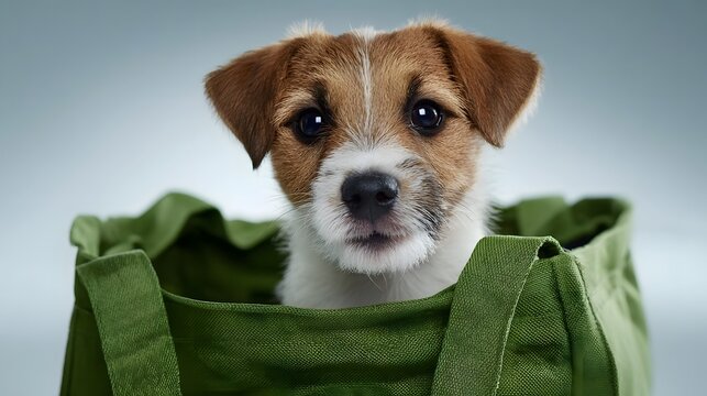 A cute fluffy puppy peeks out from a green canvas tote bag looking directly at the with innocent eyes