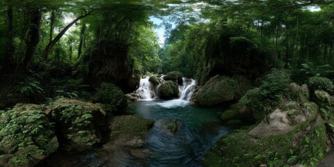 Lush rainforest waterfall export hdr panoramic view tropical nature environment