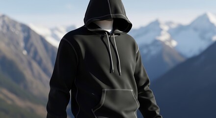 A black hooded sweatshirt with white stitching and drawstrings, displayed against a majestic backdrop of snow-capped mountains and a clear sky.