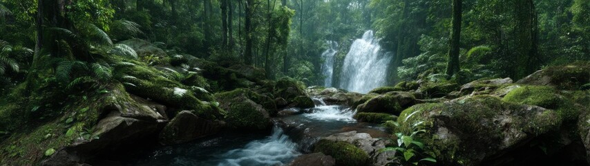 Fototapeta premium Serene waterfall in lush rainforest hdr panoramic view vibrant nature landscape