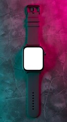 A close-up shot of a modern smartwatch with a blank screen, set against a textured background.