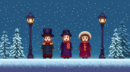 Joyful group of pixel art children singing Christmas carol in snowy winter scene at night. This festive gathering happens under glowing street lamp with cold, snowy tree background