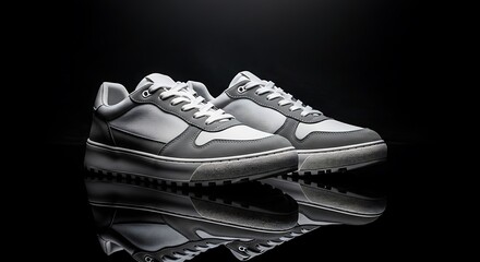 A pair of stylish grey and white sneakers with white laces, showcased on a reflective black surface against a dark background.