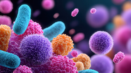 Fascinating microscopic view of colorful bacterium colony. This science and biology illustration shows vibrant microbe and microorganism cells, part of complex microbiome or probiotic