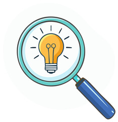 Magnifying glass searching for a creative idea symbolized by a glowing light bulb icon