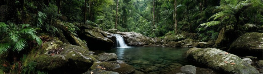 Lush rainforest waterfall exported hdri panoramic view tropical jungle nature scene