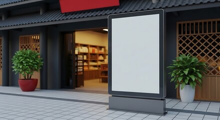 Blank billboard stands outside an Asian-style building with plants.