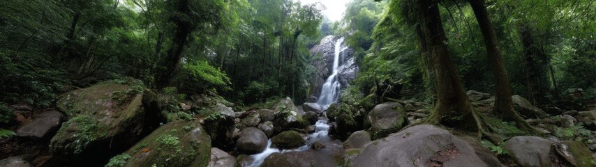 Fototapeta premium Lush rainforest waterfall hdri panoramic view tropical nature scene serene environment