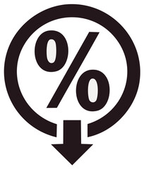Black Percentage Symbol with Downward Arrow, Indicating Discount or Decreasing Rate, Isolated Financial Sign