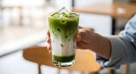 Refreshing iced matcha latte served in a glass with ice, held by a person in a modern caf? setting