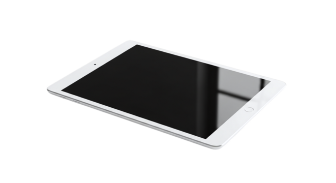White tablet computer isolated on transparent background, showcasing a sleek design with a blank screen, perfect for showcasing apps or digital content