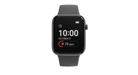 Smartwatch isolated on transparent background, displaying time and health data, perfect for fitness enthusiasts and showcasing wearable technology features