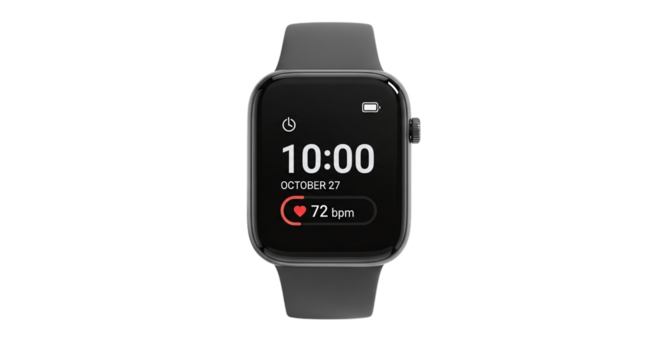 Smartwatch isolated on transparent background, displaying time and health data, perfect for fitness enthusiasts and showcasing wearable technology features