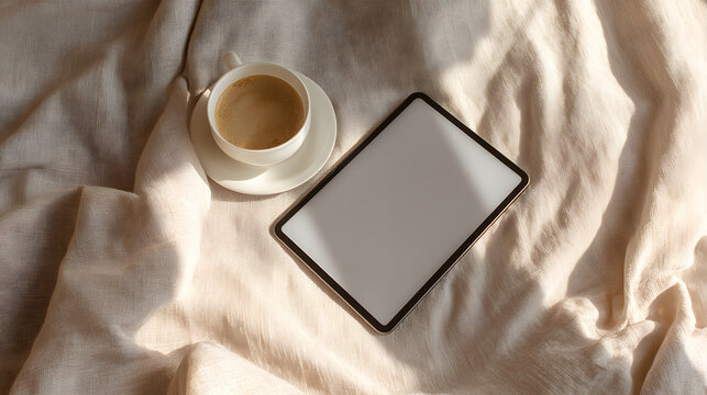 Minimalist flat lay with a cup of coffee and a blank tablet on a textured beige fabric